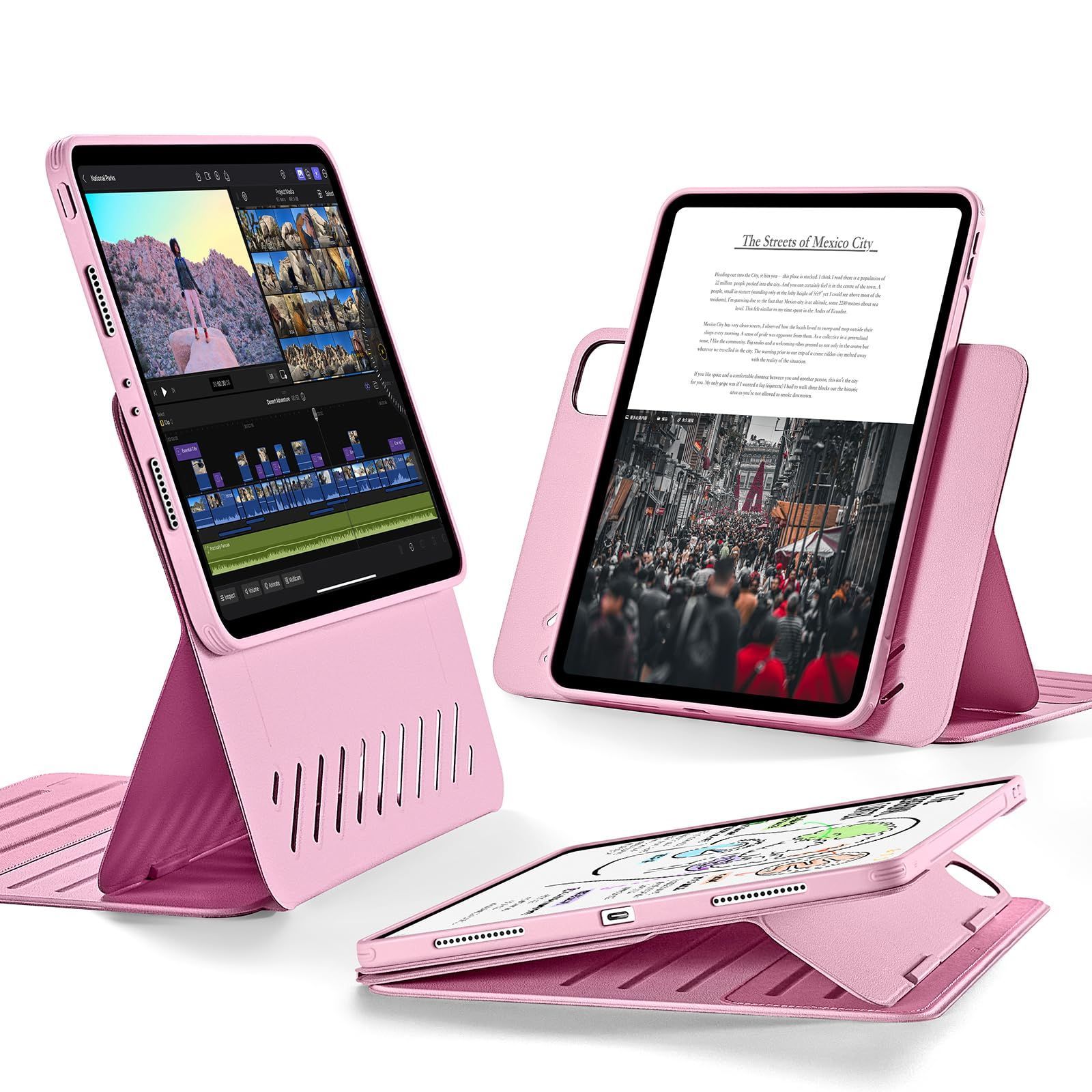 人気商品 11インチ ケース Pro 2025|2021|2020|2018 第4|3|2|1世代 取外し なマグネットカバー付き回転式ケース iPad 縦向き|横向きスタンド 9段階の角度調節 頑丈な保護 ESR Shiftシリーズ ピンク