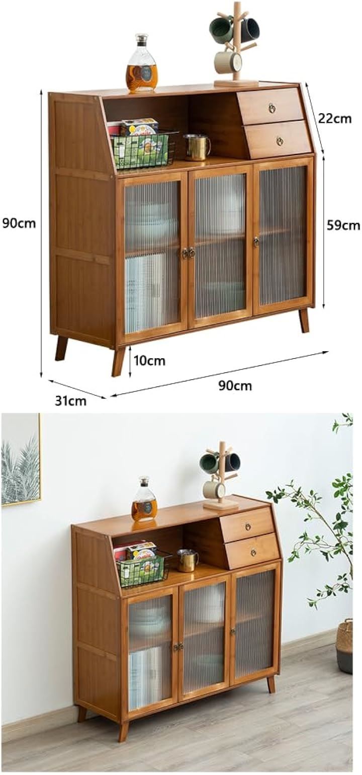 NNCLS 食器棚 キッチン収納棚 キッチンカウンター キッチンキャビネット アクリル扉 レンジボード 調味料入れ 北欧風 扉付 防塵 クラムシェルドア 簡単組立 安定性 木色 90x31x90cm