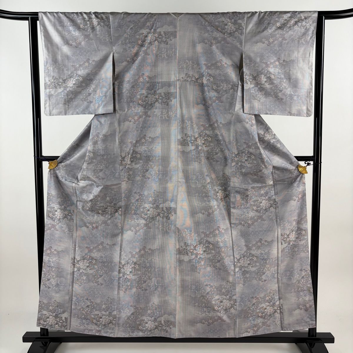 紬 身丈157cm 裄丈63cm S 袷 雲文 草花 薄紫 正絹 名品