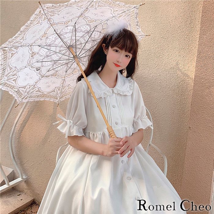 RomelCheo シンプル スイート フリル ワンピース レディース 半袖 膝丈