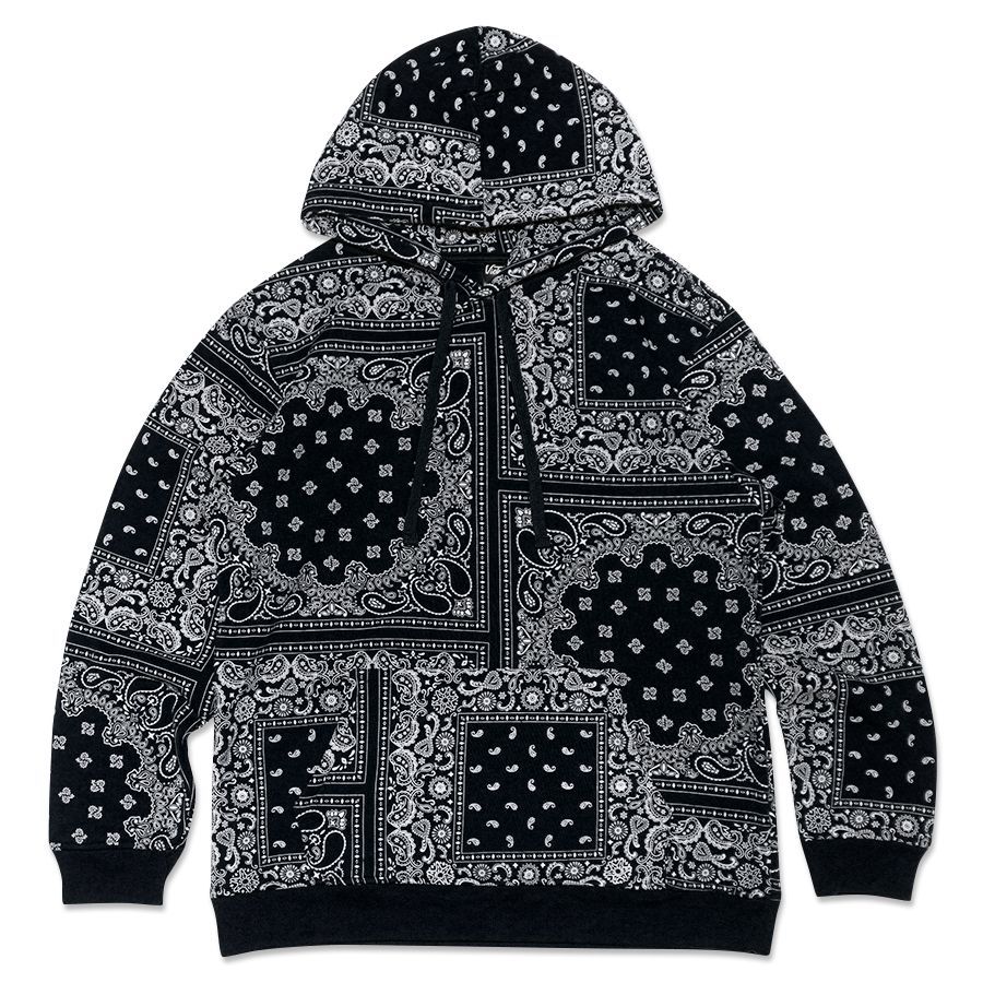 VICTORIOUS LA BANDANA FLEECE SET UP【BLACK】(メンズ 大きいサイズ スウェット プルオーバー フーディー パーカー カーゴパンツ ペイズリー バンダナ ブラック 黒 セットアップ ストリート HIPHOP ヒップホップ)