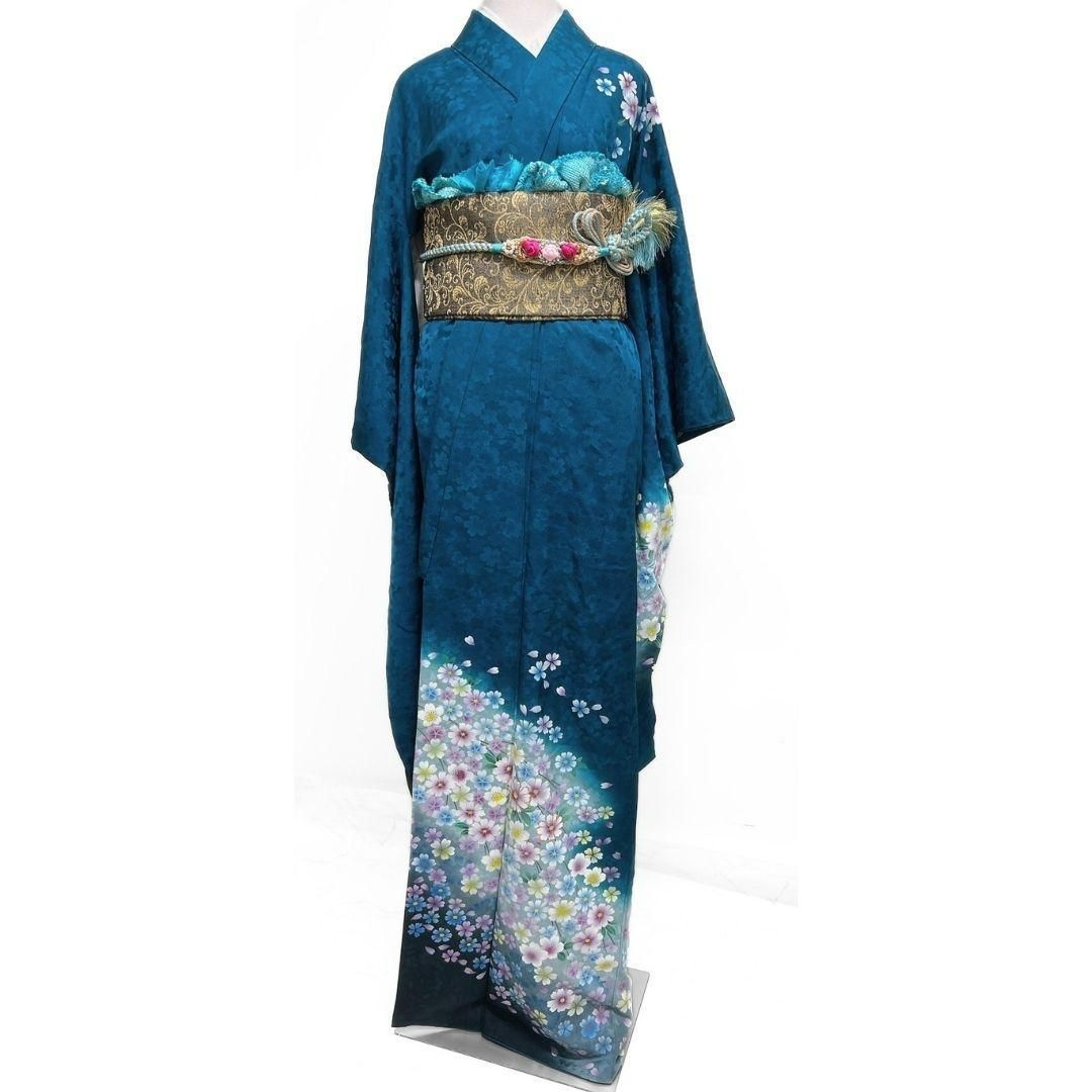 刺繍　花模様　桜花地紋　振袖　着物　013a p 刺繍花模様桜花地紋振袖着物013a p