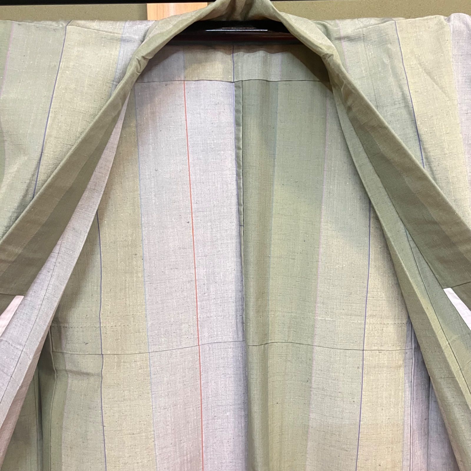 F192 単衣 紬 黄緑 縞 ストライプ - メルカリ