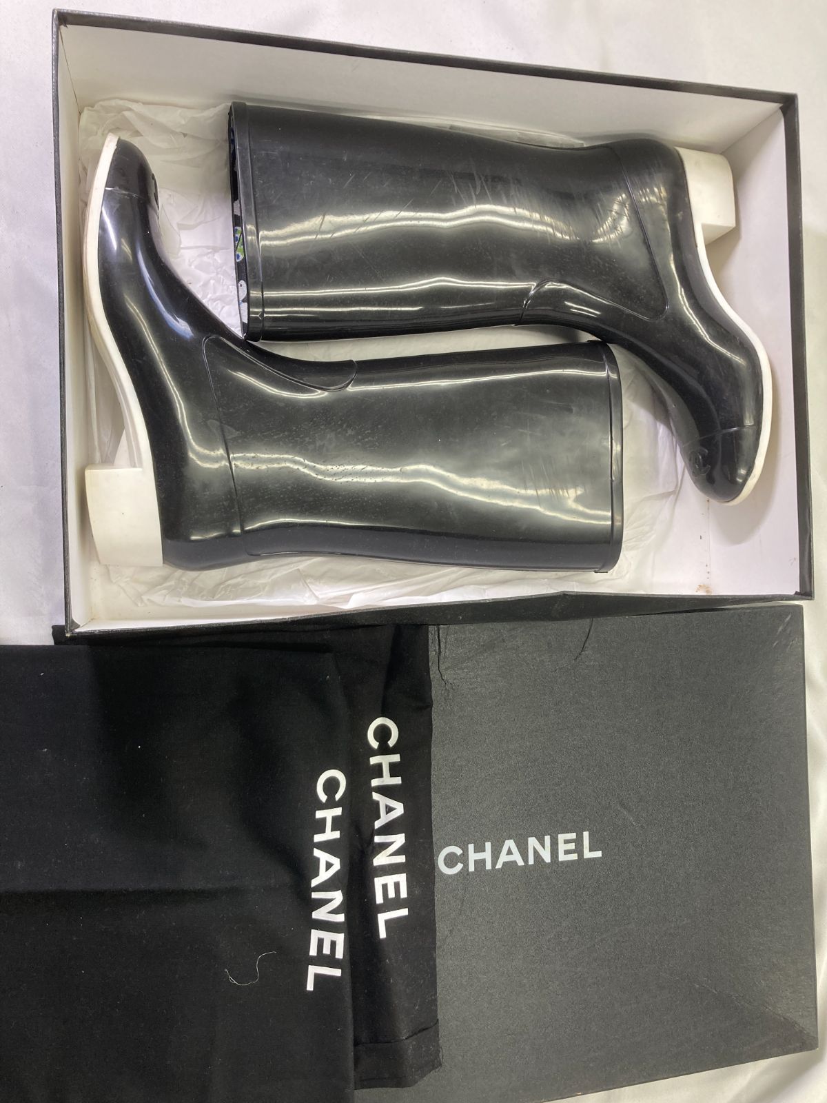 専用品　美品　シャネル 長靴 CHANEL シャネル レインブーツ 長靴白黒 バイカラー 38 - メルカリ