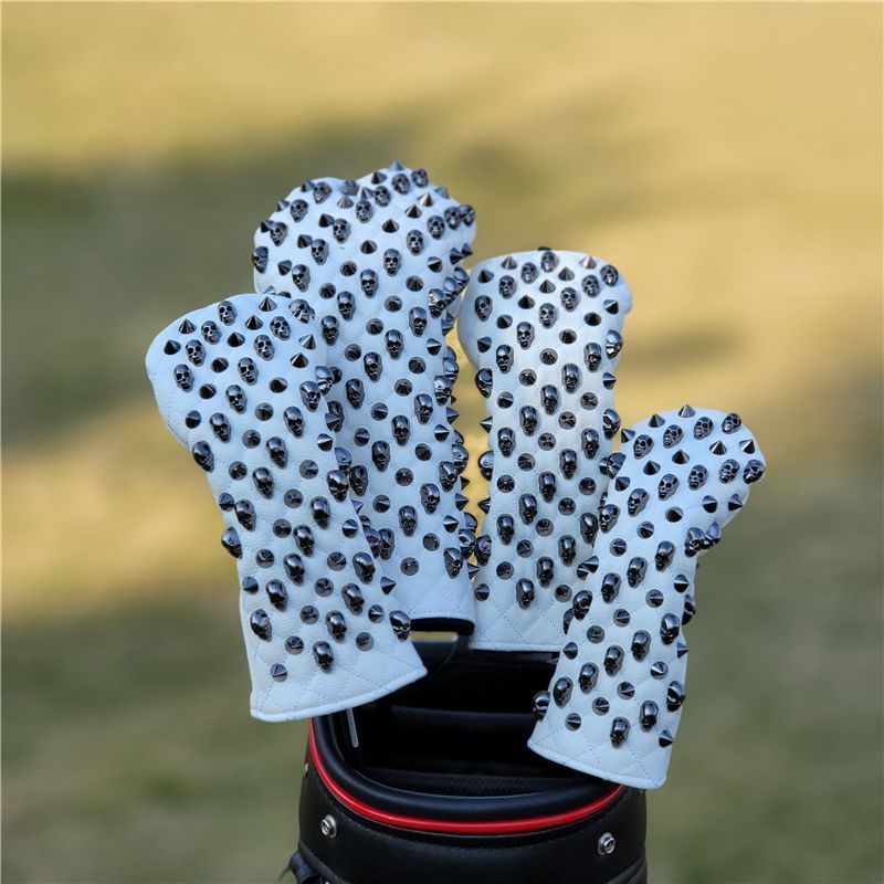 ゴルフ ヘッドカバー 白 どくろxリベット GOLF ゴルフクラブカバーゴルフ ヘッド カバー 4点セット 1+3+5+UT