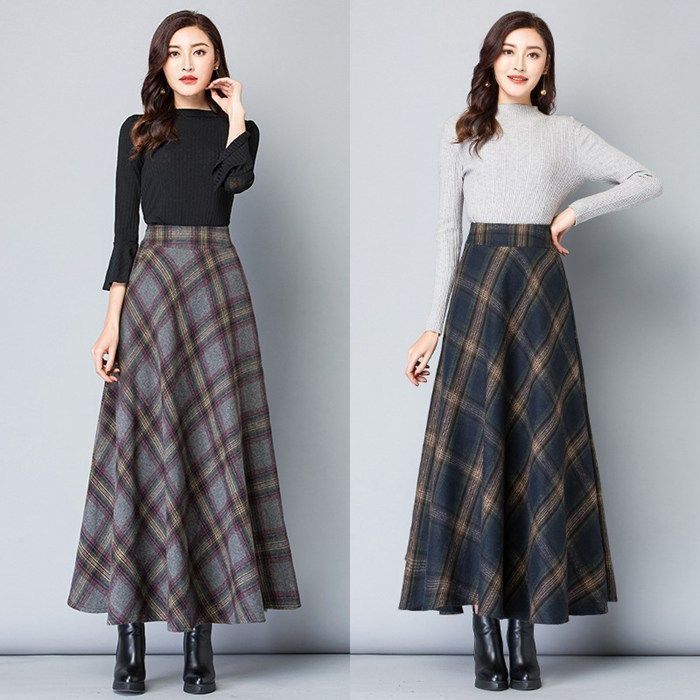新品 ウール混 フレアスカート 大人女性向け チェック柄入り