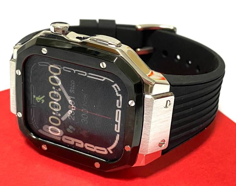 ブラックシルバー ２トーン ４５mm ４４mm SE 1 2 3 series4 5 6 7 8 Apple Watch ラバーアップルウォッチバンド カバーメタリックケースキラキラ ベルト カスタム バックル