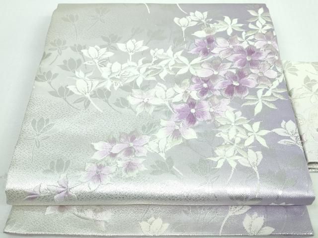 平和屋着物◎九寸名古屋帯 刺繍 舞花文 銀糸 正絹 逸品