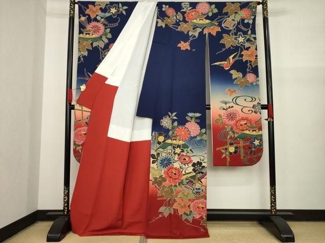 D371 振袖　宮崎良次　手差し紅型　正絹　着物　袷　美品 D371 振袖宮崎良次手差し紅型正絹着物袷美品