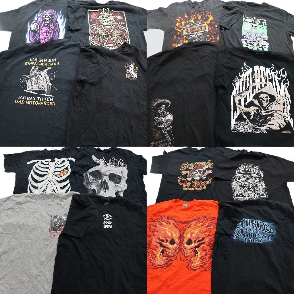 古着卸 スカル 髑髏 半袖Tシャツ 16枚セット メンズ XL 大判プリント ファイヤー 英字プリント 古着 NA9002