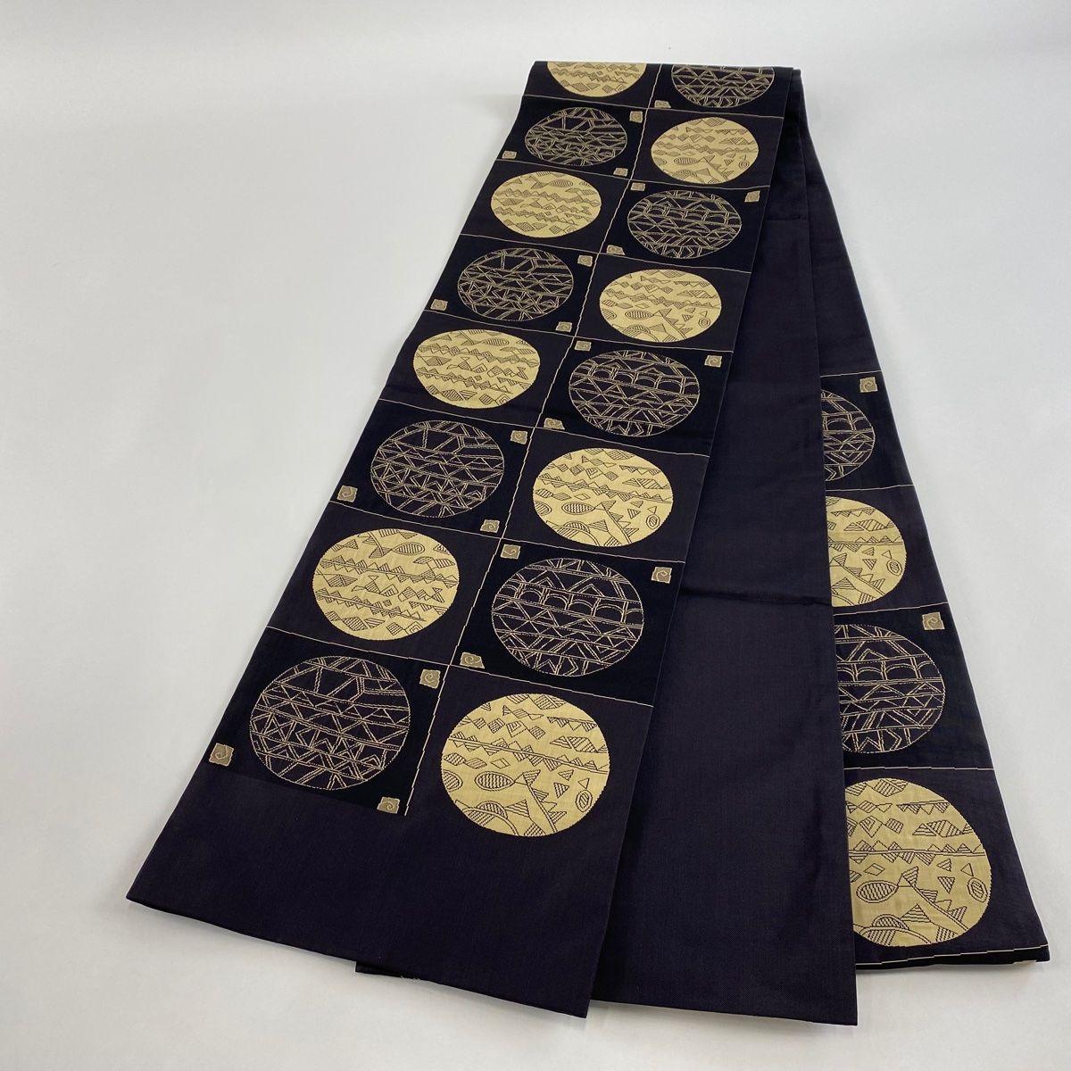 袋帯 美品 名品 明るかっ 格子柄 金糸 灰紫 全通 正絹 中古