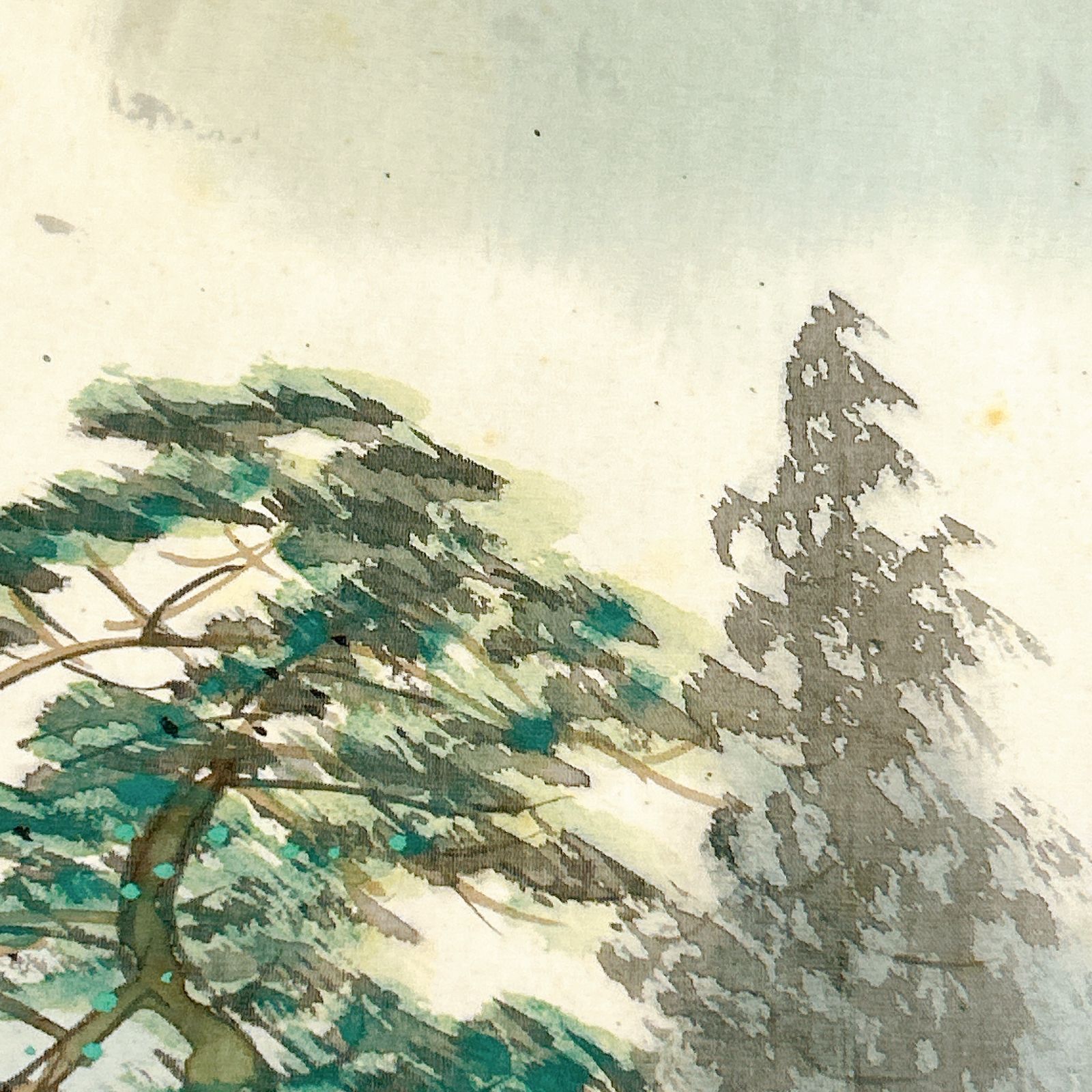 掛軸 湖月 渓山清趣 共箱付き 風景画 山水画 季節掛け 春夏 新緑 彩色