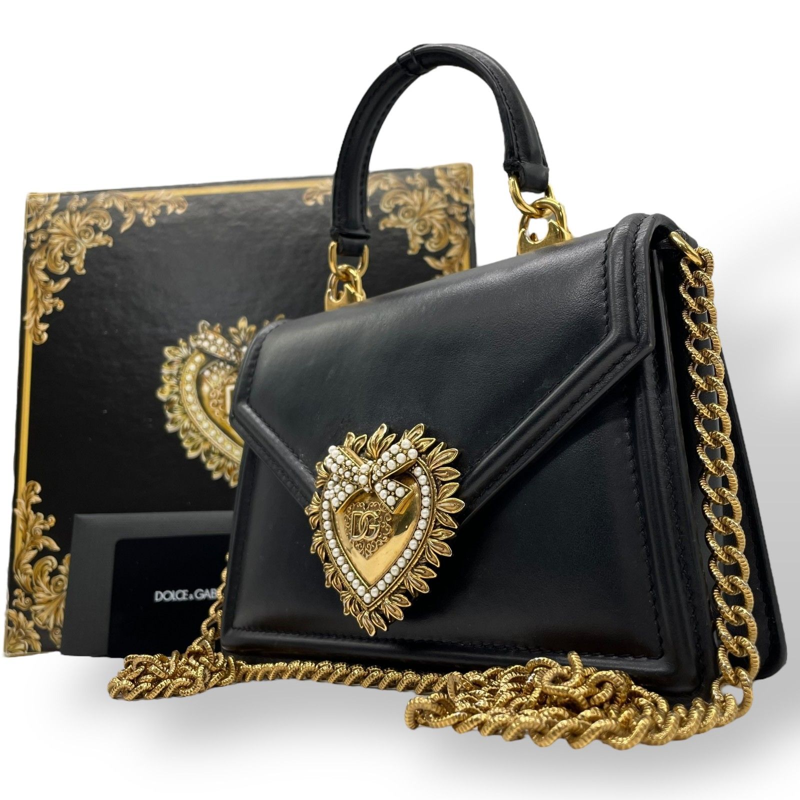 現行モデル DOLCE＆GABBANA ドルチェ＆ガッバーナ 2WAY ハンドバッグ ショルダーバッグ ディボーション SMALL DEVOTION レザー 黒 ブラック ゴールド金具 チェーンショルダー 斜め掛け D-G ドルガバ Gカード付き A