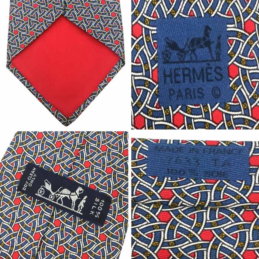 セール エルメス HERMES ネクタイ 幾何学模様 シルク100％ レッド