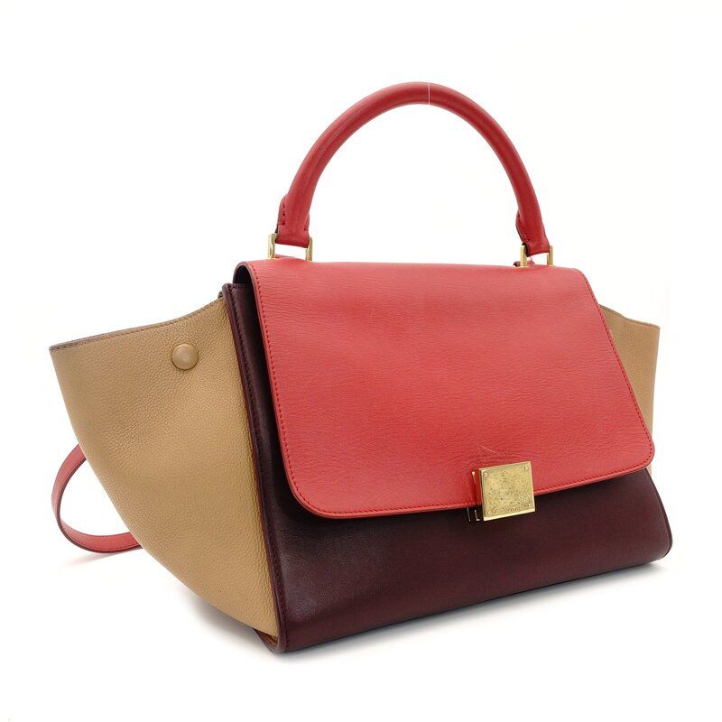 セリーヌ CELINE トラペーズ ハンドバッグ レザー 2way レッド×ベージュ×ボルドー ショルダー 7-9-303