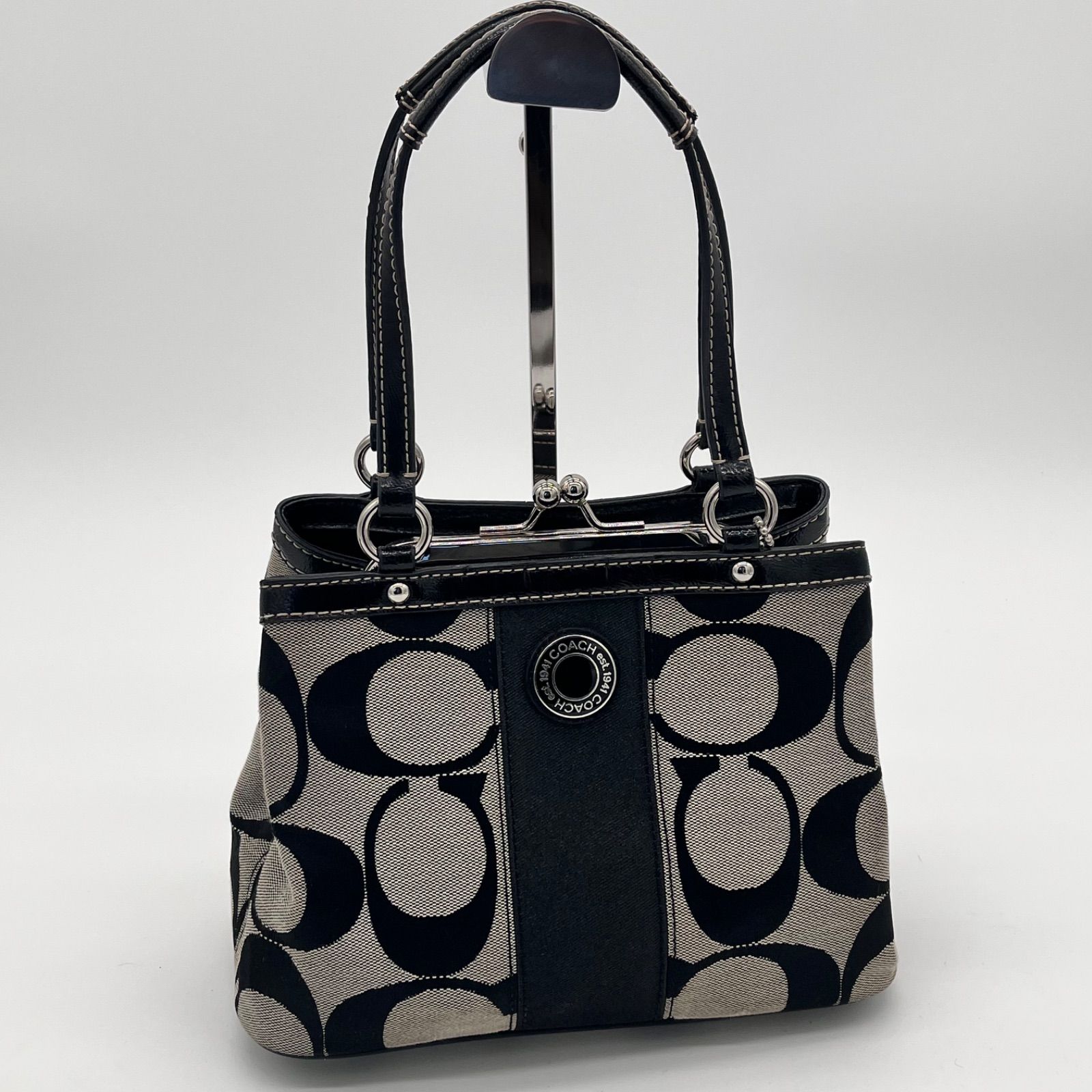 【美品】COACH　ハンドバッグ　トートバッグ　がま口　21197 COACH コーチ がま口 トートバッグ シグネチャー ブラック 黒