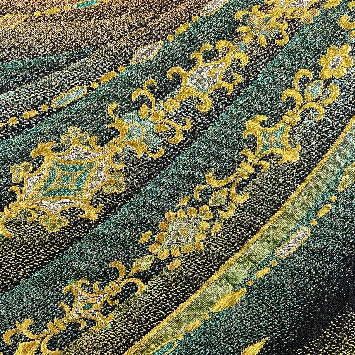 袋帯 秀品 幾何学 金糸 箔 緑 六通 正絹