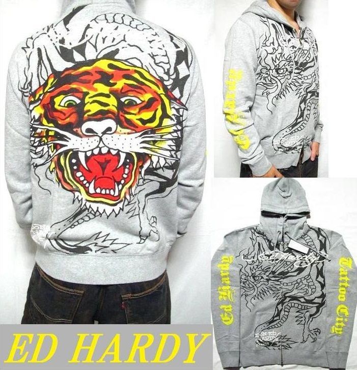 エドハーディー ed hardy エド・ハーディー パーカー メンズ タイガー寅年/虎 タイガー/ドラゴン ジップアップ グレー サイズL - メルカリ