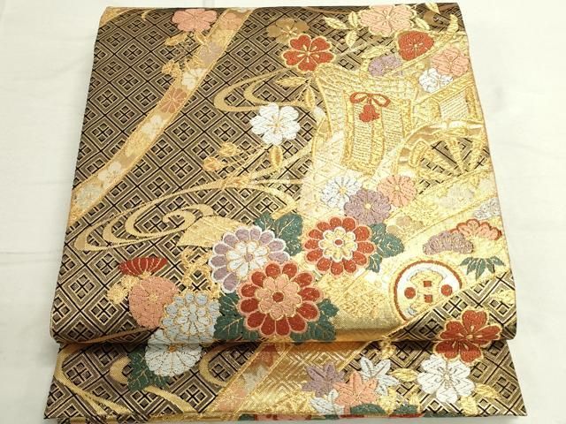 平和屋着物◎佐賀錦 六通柄袋帯 唐織 御所車花文 黒地 金糸 正絹