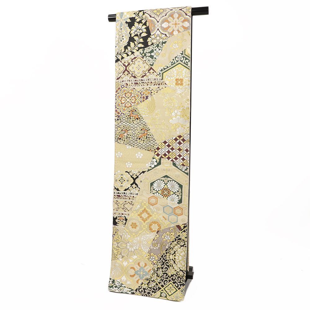 袋帯 正絹 両面双図 ベージュ 紫 菊 うさぎ 辻が花 花唐草 華文