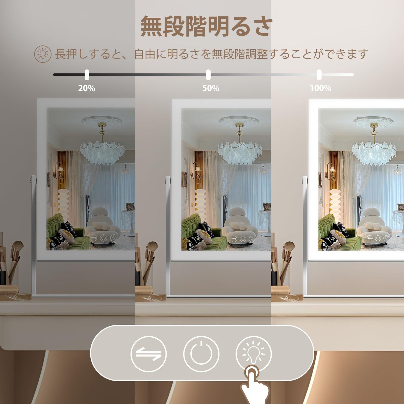 Hansong 女優ミラー ハリウッドミラ メイクミラー 拡大鏡付き 3色切替