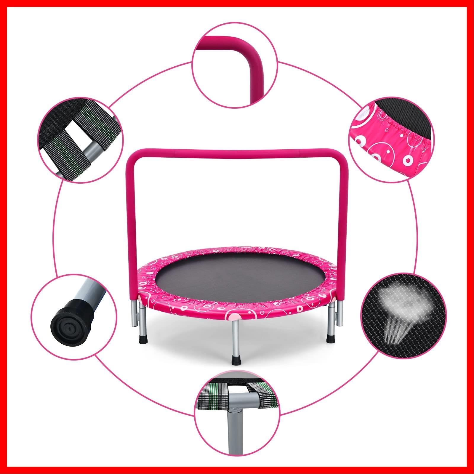 安全ゴム式 室内室外兼用 高弾力 おもちゃ 静音設計 入学 組み立てやすい 入園 収納便利 バースデー 折りたたみ プレゼント 耐荷重150kg 学童保育 保育園 直径約85cm 幼稚園 補助手すり付き スポーツ 子供用 運動 トランポリン エクサ