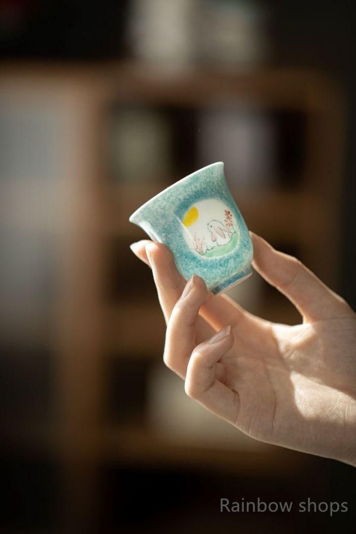 新品未使用】景徳鎮 陶器 手作り 手描き 玉兎 茶杯 2点セット
