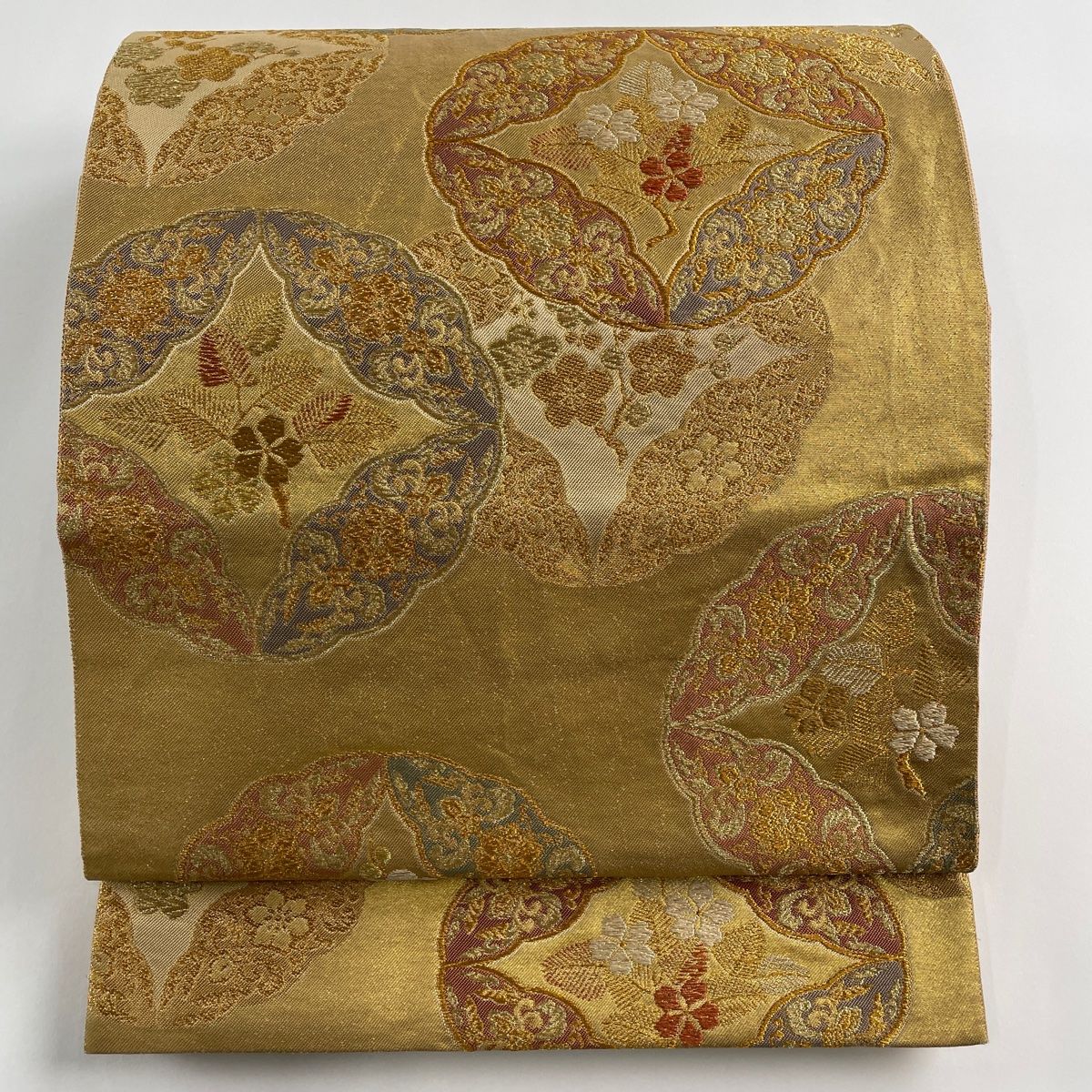 袋帯 名品 綾錦織 草木染 桜 花唐草 金糸 箔 黄土色 六通 正絹