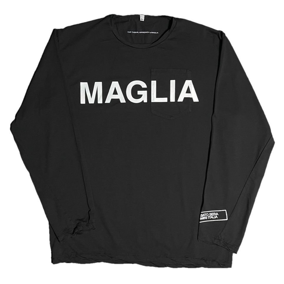 MADE IN ITALY製 MAGLIA AWモデル L-2814B ロゴプリント クルーネック長袖Tシャツ ブラック M～XLサイズ