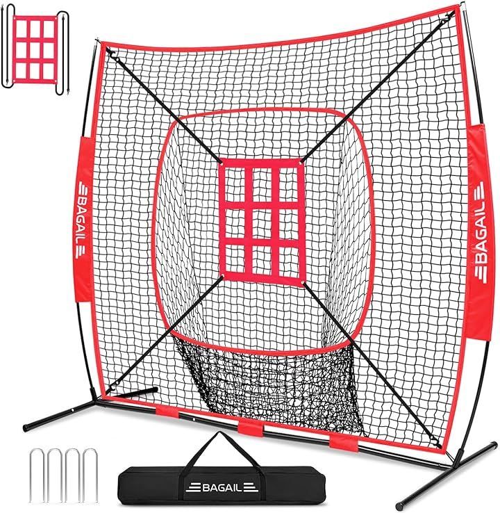 BAGAIL BAGIL野球ネット ベースボールネット 練習用 バッティングネット ピッチングネット スチール製 野球器具 硬式|軟式対応 打撃 投球 防球ネット ソフトボール練習ネット トレーニング レッド 丸穴 212x212x108