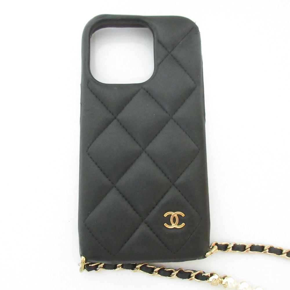 CHANEL シャネル ラムスキン マトラッセ パールチェーン iPhone14 アイフォンケース ブラック レディース 古着