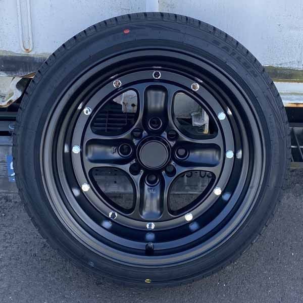 15インチ 8J ±0 PCD 100 114.3 4穴 タイヤホイール4本セット 165 50R15 165 55R15 軽 軽トラ 軽バン ローダウン車 旧車 深リム マットブラック メッキビス