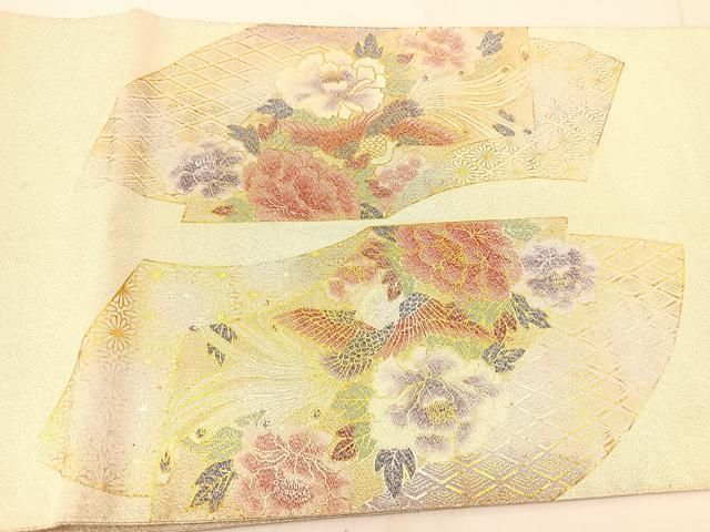 ZF-870 袋帯 太鼓柄 正絹 手刺繍 鳳凰 銀箔 高級 逸品 袋帯 美品 秀品 本金引箔紹巴 華文 鳳凰 金銀糸 金色 お太鼓柄