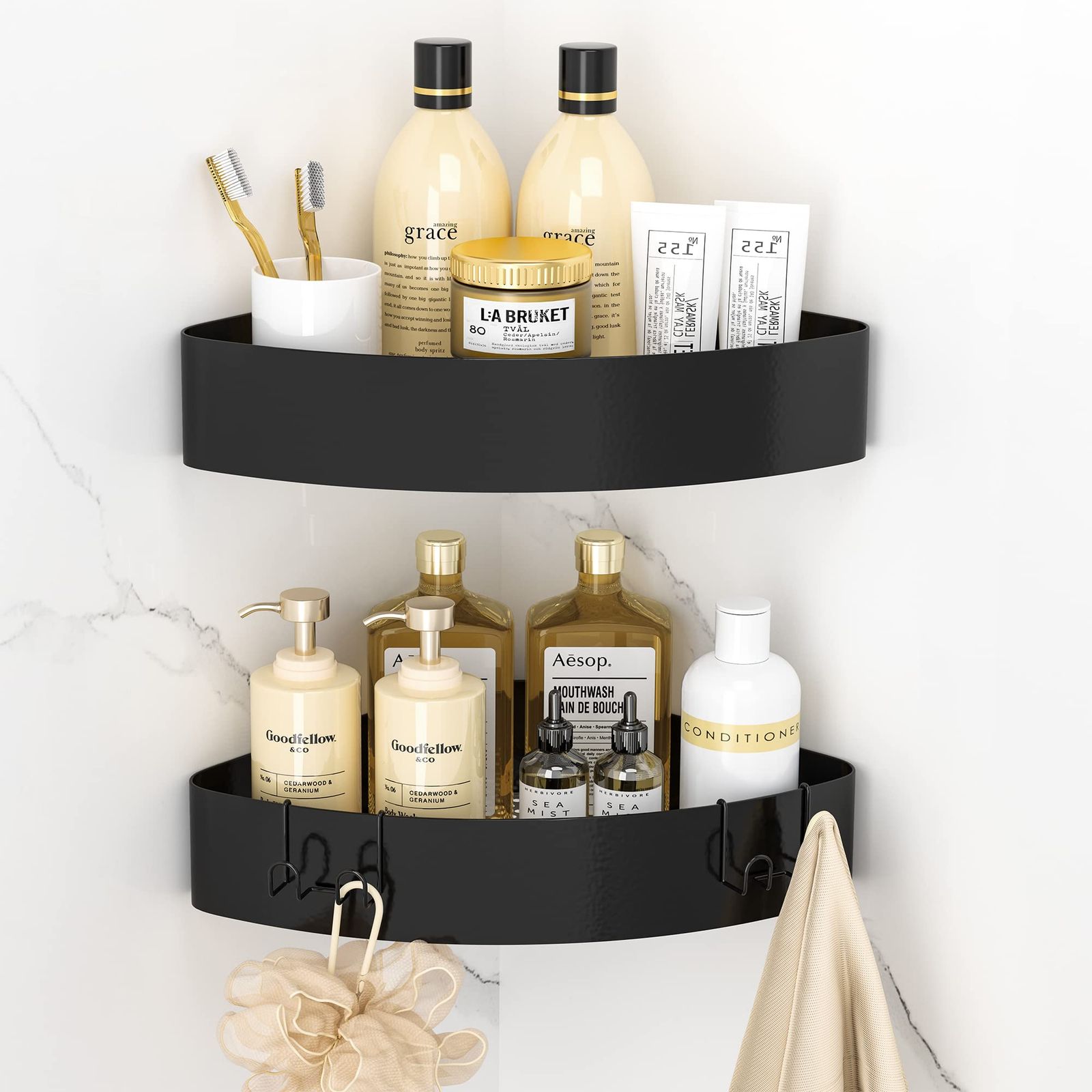 【迅速発送】Orimade マグネット バスルーム コーナー ラック フック4個付き ブラック 約W31×D22×H6cm 浴室用ラック お風呂 おもちゃ 収納 シャワーフック 風呂場/洗面所 水切り 2段式…