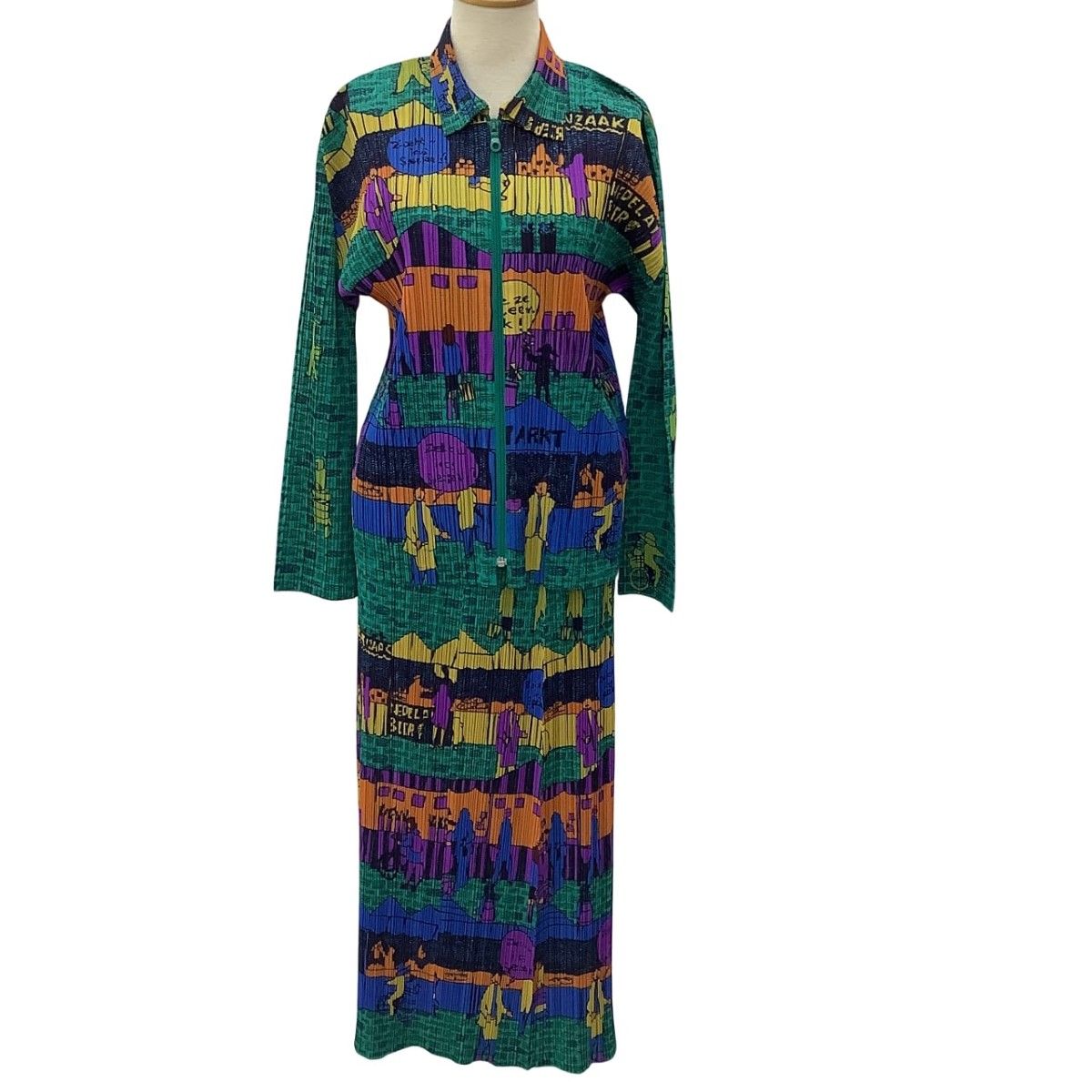 ISSEY MIYAKE イッセイミヤケ PLEATS PLEASE ジャケット スカート セットアップ 石畳の街風景 SIZE 3 グリーン