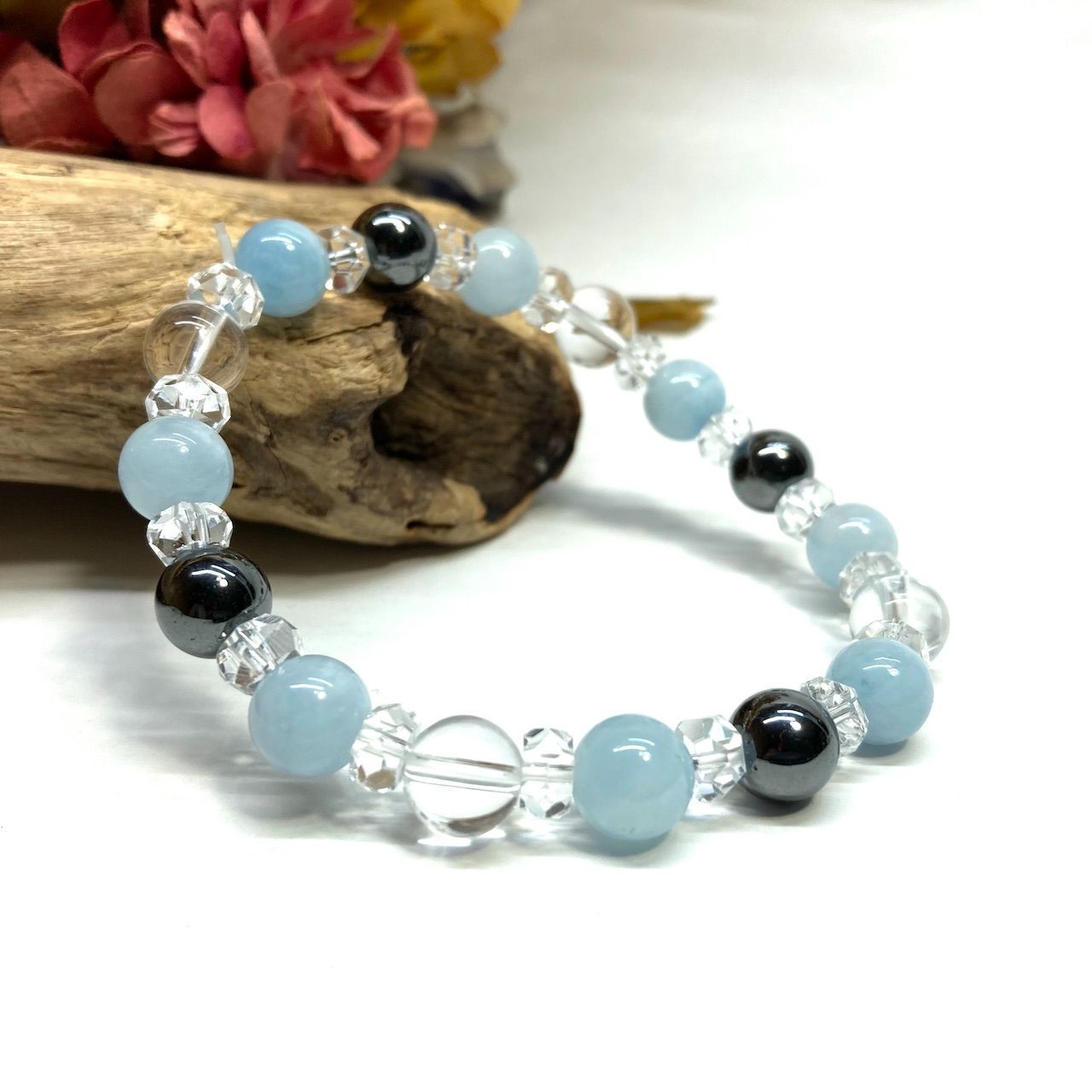 【人気，高品質】 アクアマリン ヘマタイト 水晶  天然石 パワーストーンブレスレット 8mm （カット水晶）レディース 女性  数珠ブレス 開運 プレゼント ギフト  [7] ブレスレット・バングル