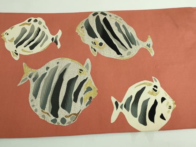 エンゼルフィッシュ柄　魚　絽縮緬　名古屋帯 平和屋本店□極上 セミアンティーク 爪掻き本綴れ 八寸名古屋帯