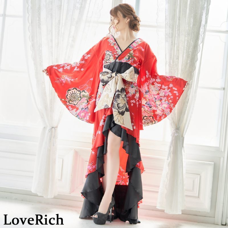 LoveRich ラブリッチ 【5カラー】サテン和柄フリルロング着物ドレス