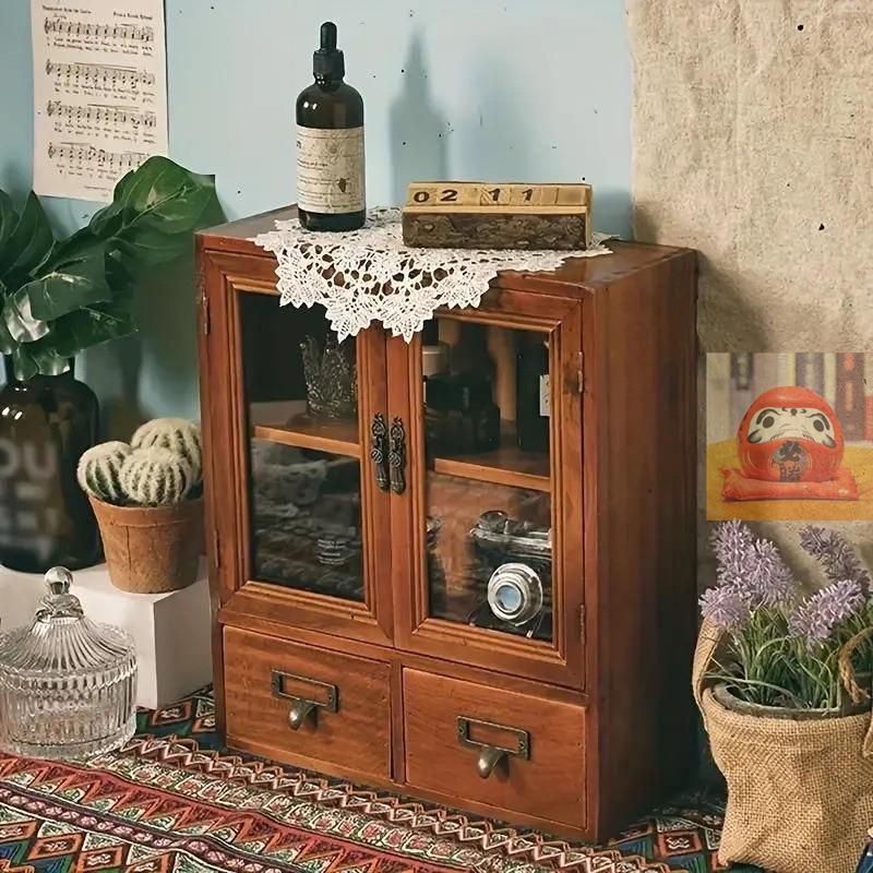 古家具 昭和レトロ アンティーク 木製ガラス扉収納棚 古いレトロな