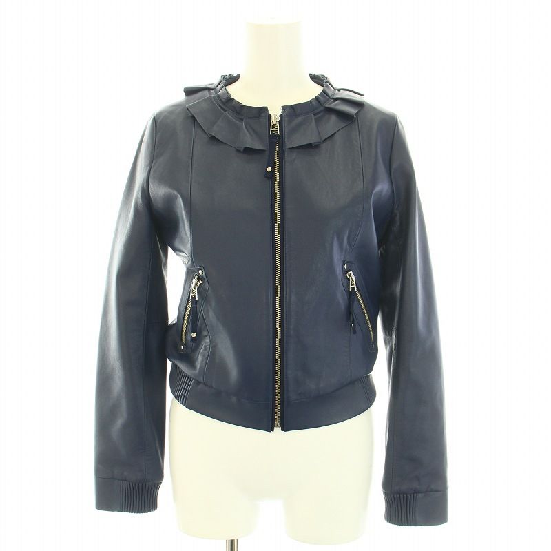 【ランバンオンブルー】レザージャケット アウター フリル ラムレザー 36 紺 ランバンオンブルー LANVIN en Bleu レザージャケット アウター