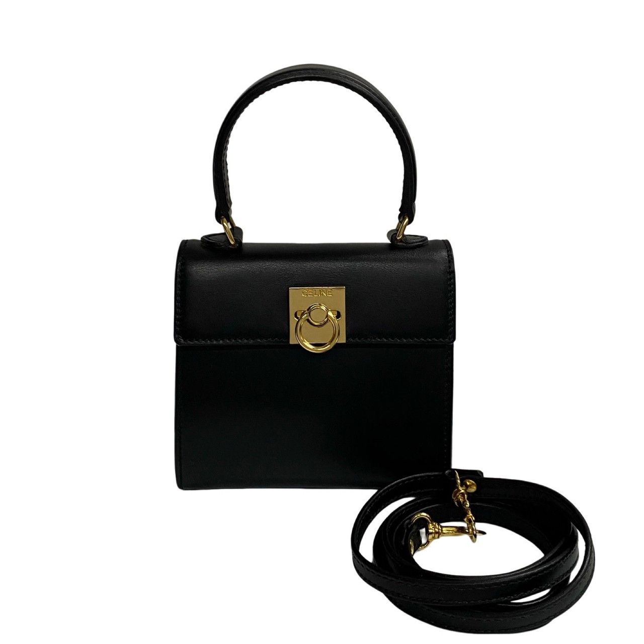CÉLINE ブラックレザー ハンドバッグ 保存袋付き CELINE セリーヌ ラゲージ ミニショッパー ハンドバッグ レザー