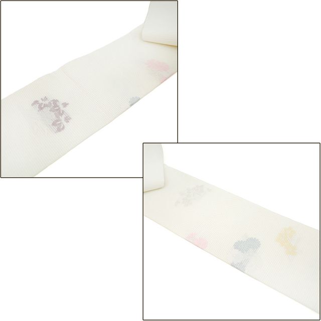⭐️ 新古品 夏物 名古屋帯 九寸 正絹 絽 京都 西陣 佐々木染織 オフホワイト 銀箔糸 菊 桔梗 菖蒲 萩 四季の花 絹芯仕立て 夏 セミフォーマル ～ カジュアル 夏帯 西陣織 なごや帯 仕立て上がり みやがわ sb54093