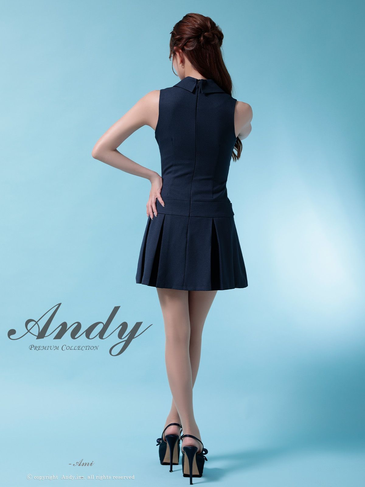 Sネイビー OF05 OK2960-BL-2507 ANDY アンディ ワン ビジューボタン 襟付き ノースリーブ Vネック ボックスプリーツ フ ミニドレス キャバドレス