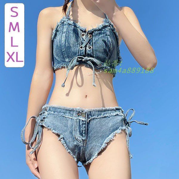 レディース 水着 ビキニ パッド付 デニム かわいい L オトナ女子 海 ブルー 温泉旅行 青 小胸 ビーチ S M プール セクシー 夏 am4a889188