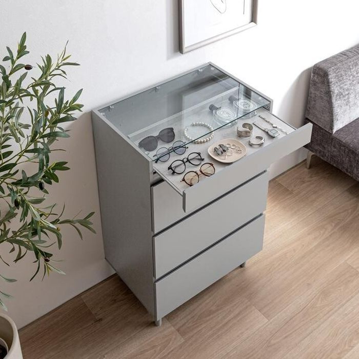 新品 チェスト 幅60cm ガラス天板 ショーケース付き 収納棚