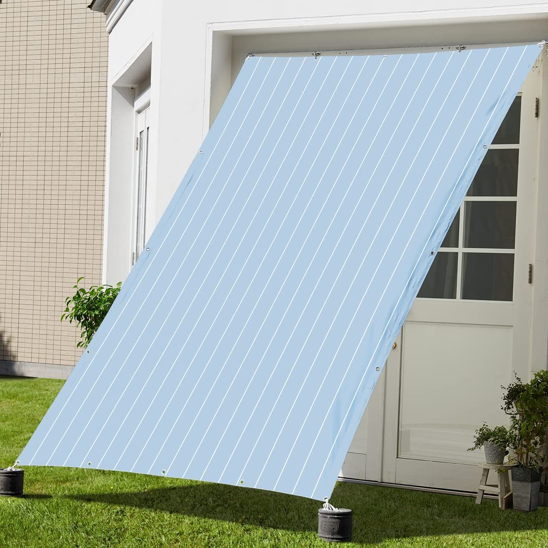 Size:300×195cm_Color:スカイブルー【ピンストライプ】 CandorR オーニング シェード 撥水 バルコニー ベランダ ガーデン 庭 日除け シェード 目隠し シート プライバシー UVカット 簡単設置 ハトメ 