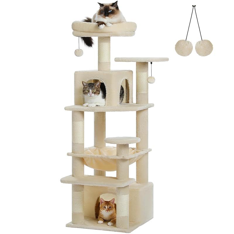 PETEPELA ぺテぺラ キャットタワー スリム 多頭飼い 据え置き コンパクトハンモック 麻紐 爪研ぎ 猫のおもちゃ 転倒防止 展望台 猫ベッド 運動不足解消 - S 高さ136cm ベージュ 0