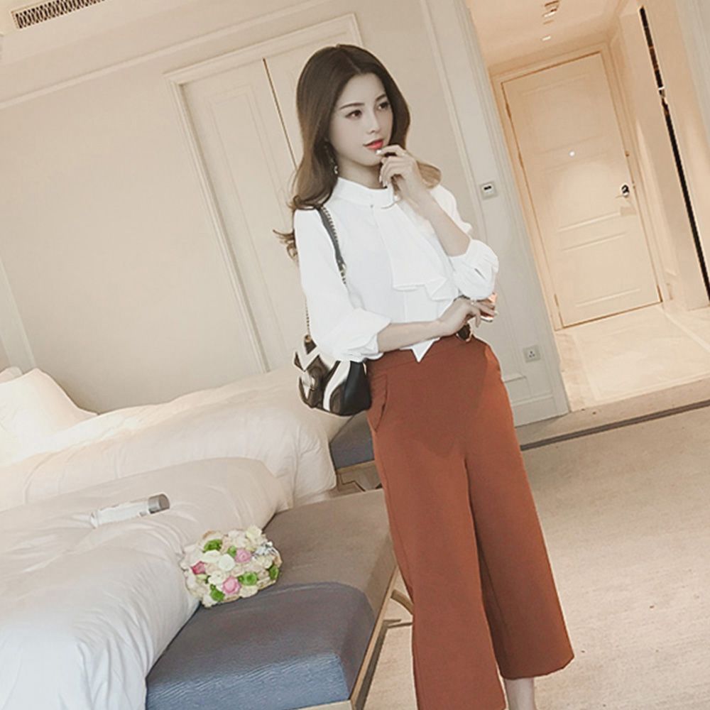 シャツブラウス リボン 長袖 レディース ダークベージュ フロスティ