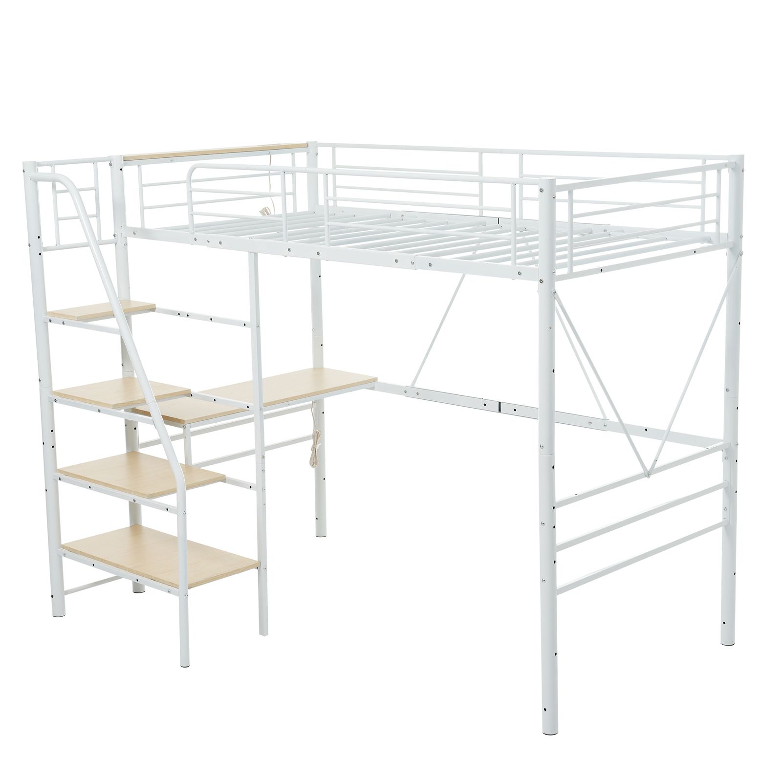 S ロフトベッド 階段付き デスク付き S パイプベッド シングル 収納 スチール 耐震 ベッド パイプベッド フレームのみ Sシングル