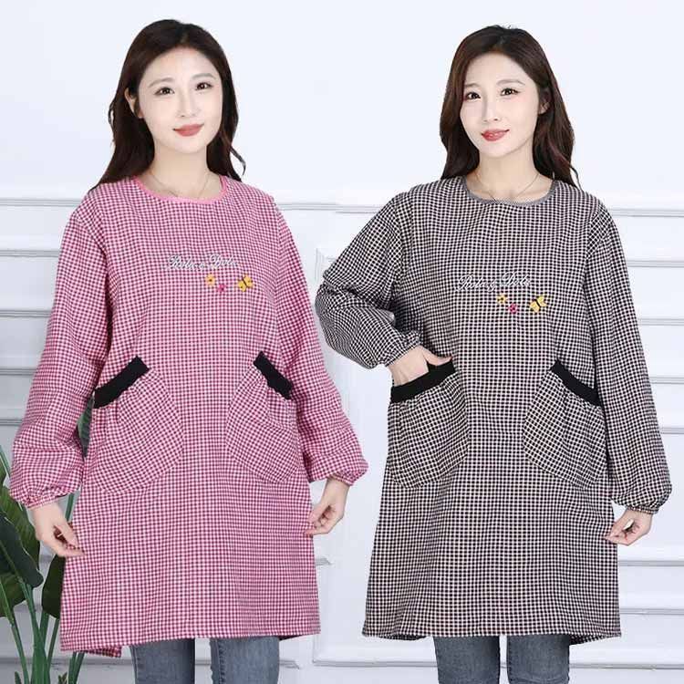 エプロン 袖付き 割烹着 レディース かっぽう着 長袖 ロング丈 チェック柄 家事 キッチン 保育士 かわいい 北欧 料理教室 カフェ ゆったり 大きめ シンプル ガーデ wunib 104